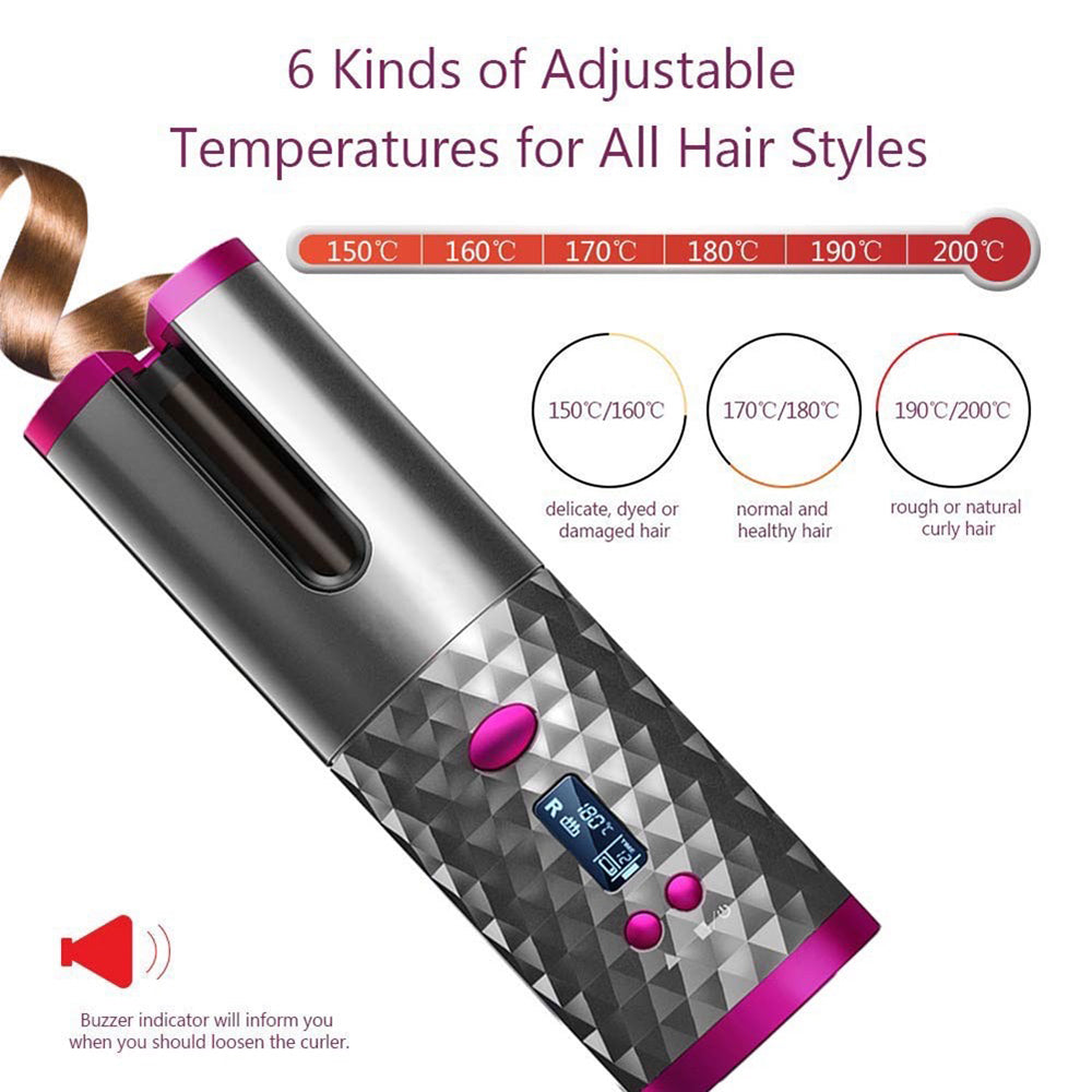 USB Rechargeable Cordless Auto-Rotating Ceramic Portable Women's Hair Curler