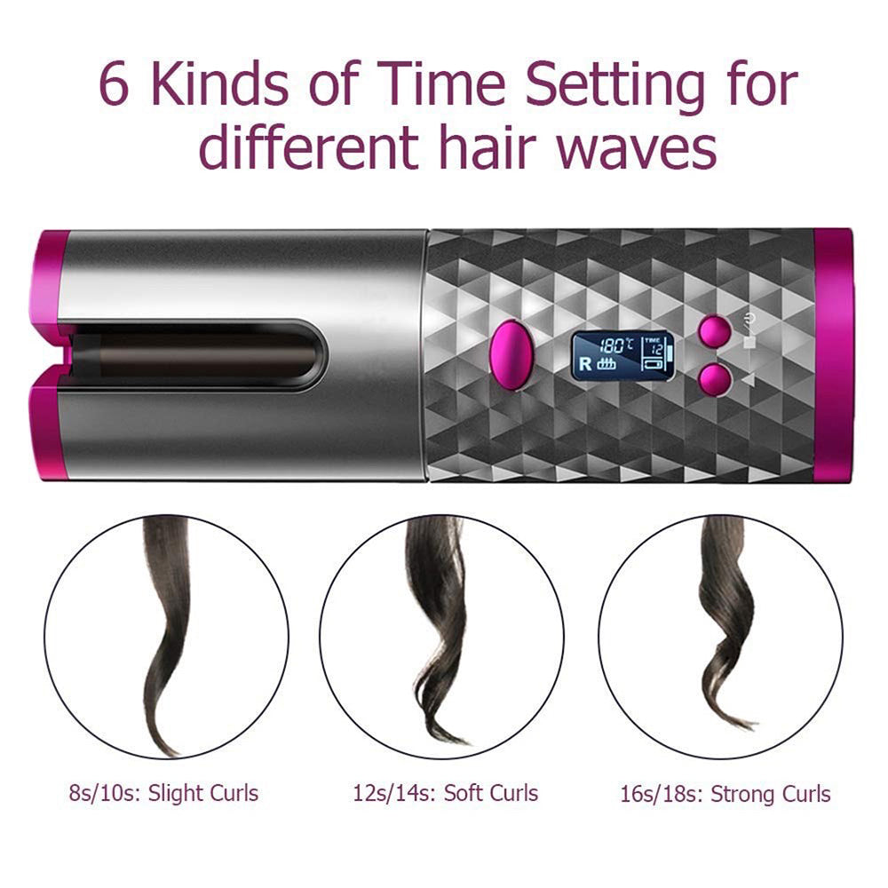 USB Rechargeable Cordless Auto-Rotating Ceramic Portable Women's Hair Curler