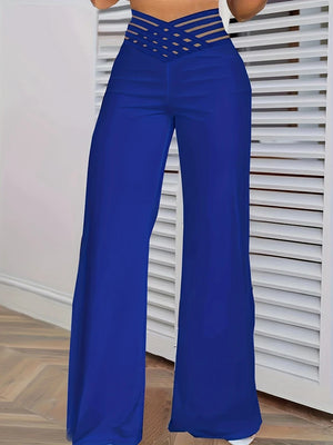 Women Wide Leg Flared Pants 2024 New Y2K Casual Crisscross Sheer Mesh Patch High Waist Trousers Elegant Streetwear Work Pants