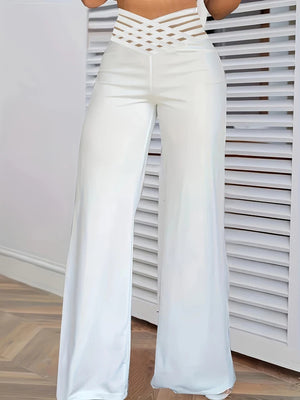 Women Wide Leg Flared Pants 2024 New Y2K Casual Crisscross Sheer Mesh Patch High Waist Trousers Elegant Streetwear Work Pants