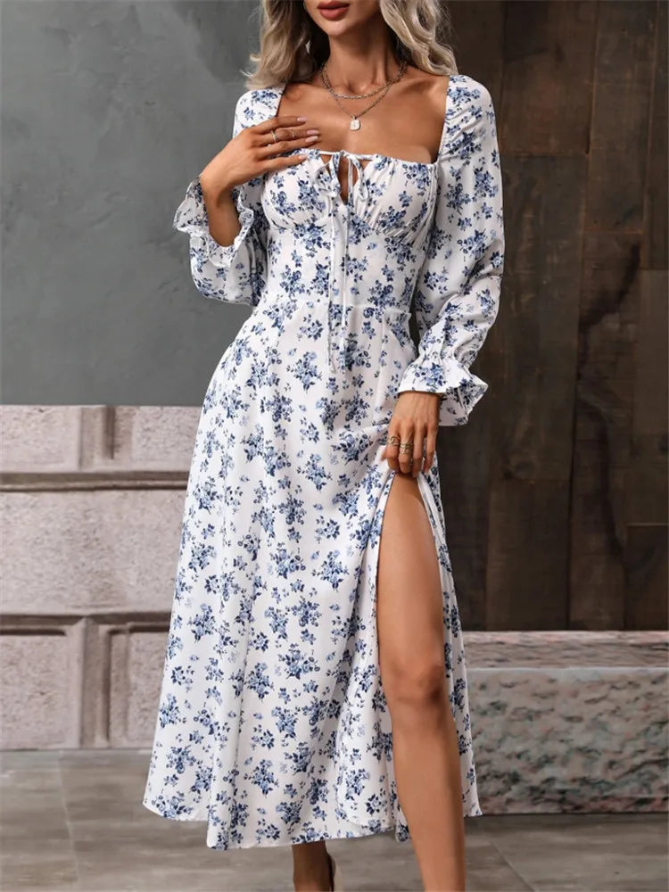 Fashion Printed Full Sleeve Backless Bohemian Dress Women'S Spring Summer Long Dresses