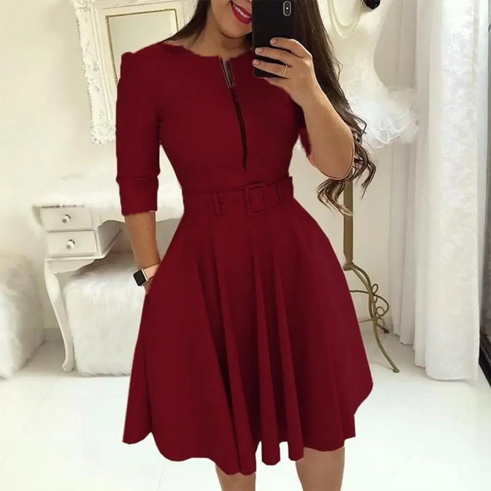 Women Spring Dress Three Quarter Sleeves with Belt Tight Waist A-Line Dress-Up Knee Length Zipper Lady Fall Dress Female Clothes