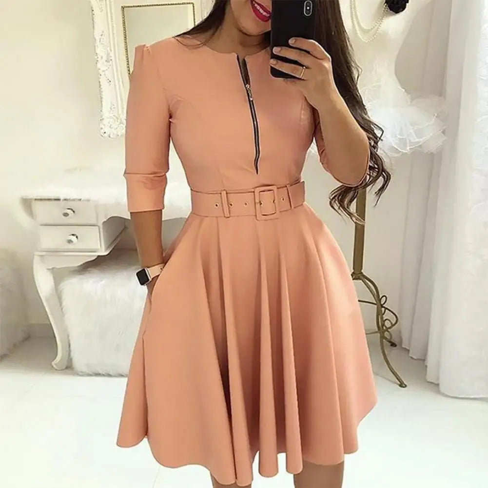 Women Spring Dress Three Quarter Sleeves with Belt Tight Waist A-Line Dress-Up Knee Length Zipper Lady Fall Dress Female Clothes