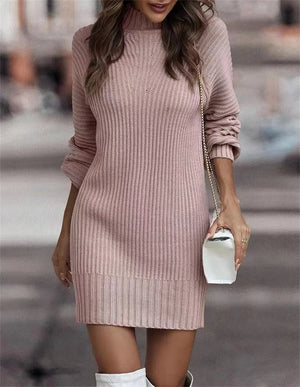 Women Solid Color Pit-Stripe Turtleneck Sweater Dresses Autumn Winter Long Sleeve Knitted Short Dress Female Elegant Casual Gown