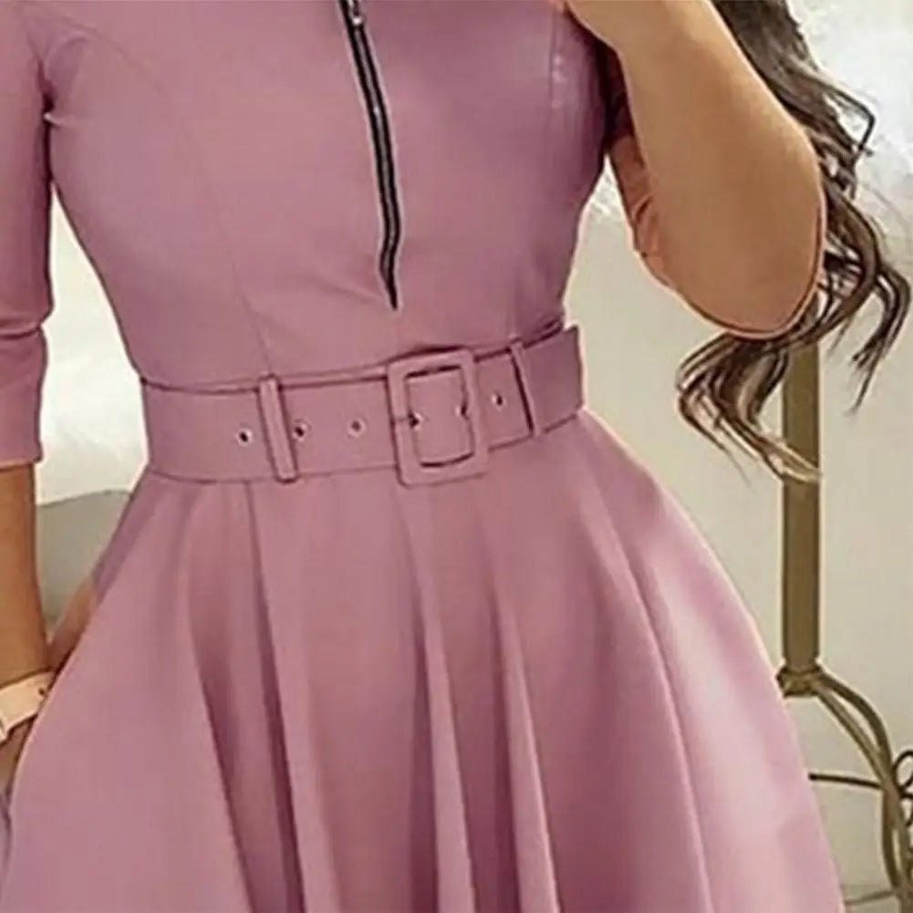 Women Spring Dress Three Quarter Sleeves with Belt Tight Waist A-Line Dress-Up Knee Length Zipper Lady Fall Dress Female Clothes