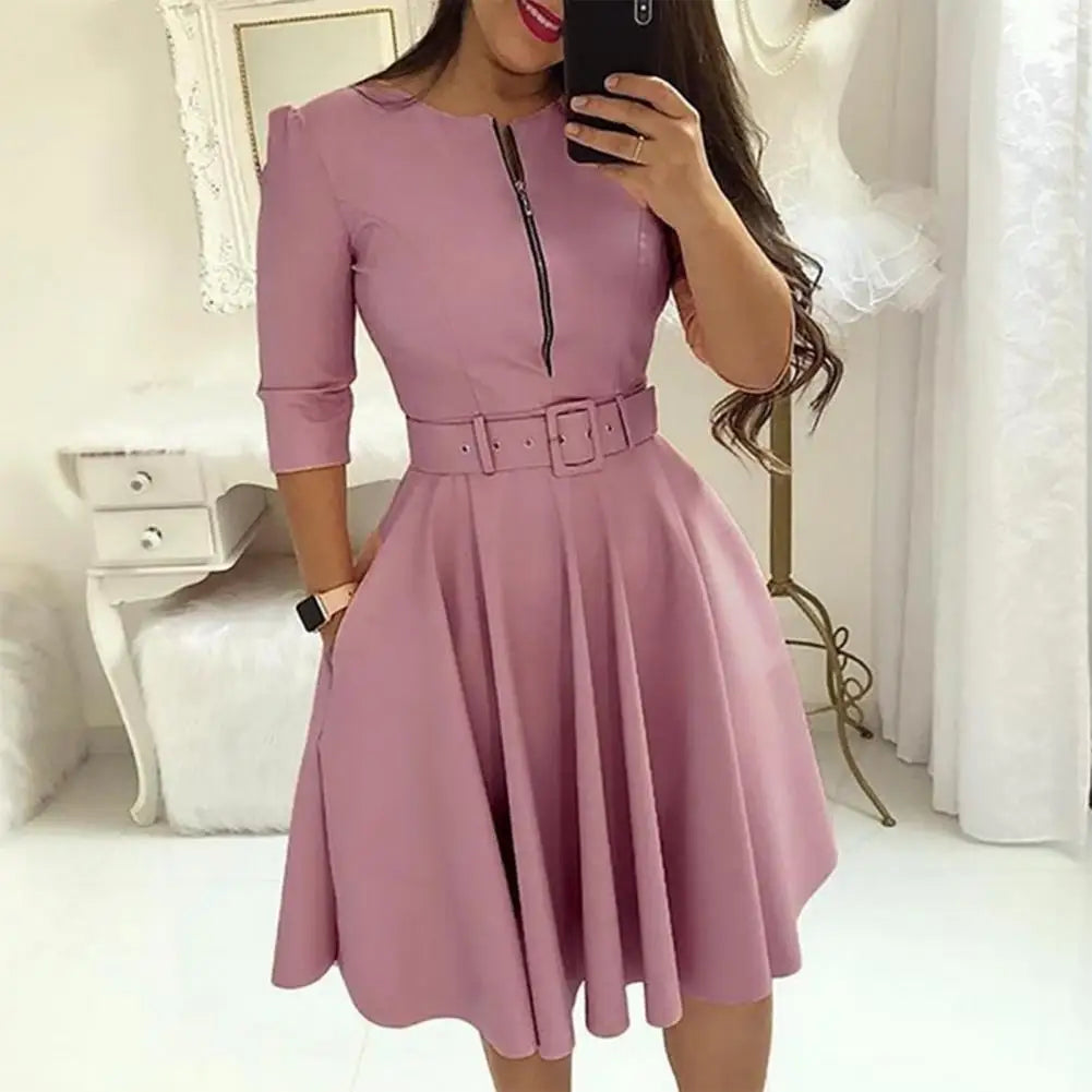 Women Spring Dress Three Quarter Sleeves with Belt Tight Waist A-Line Dress-Up Knee Length Zipper Lady Fall Dress Female Clothes