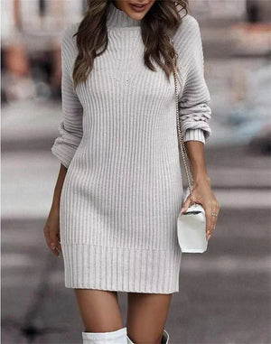 Women Solid Color Pit-Stripe Turtleneck Sweater Dresses Autumn Winter Long Sleeve Knitted Short Dress Female Elegant Casual Gown