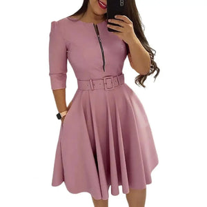 Women Spring Dress Three Quarter Sleeves with Belt Tight Waist A-Line Dress-Up Knee Length Zipper Lady Fall Dress Female Clothes