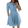 Women Spring Dress Three Quarter Sleeves with Belt Tight Waist A-Line Dress-Up Knee Length Zipper Lady Fall Dress Female Clothes