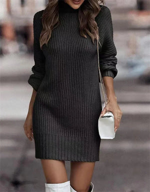 Women Solid Color Pit-Stripe Turtleneck Sweater Dresses Autumn Winter Long Sleeve Knitted Short Dress Female Elegant Casual Gown