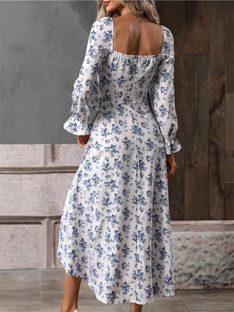 Fashion Printed Full Sleeve Backless Bohemian Dress Women'S Spring Summer Long Dresses