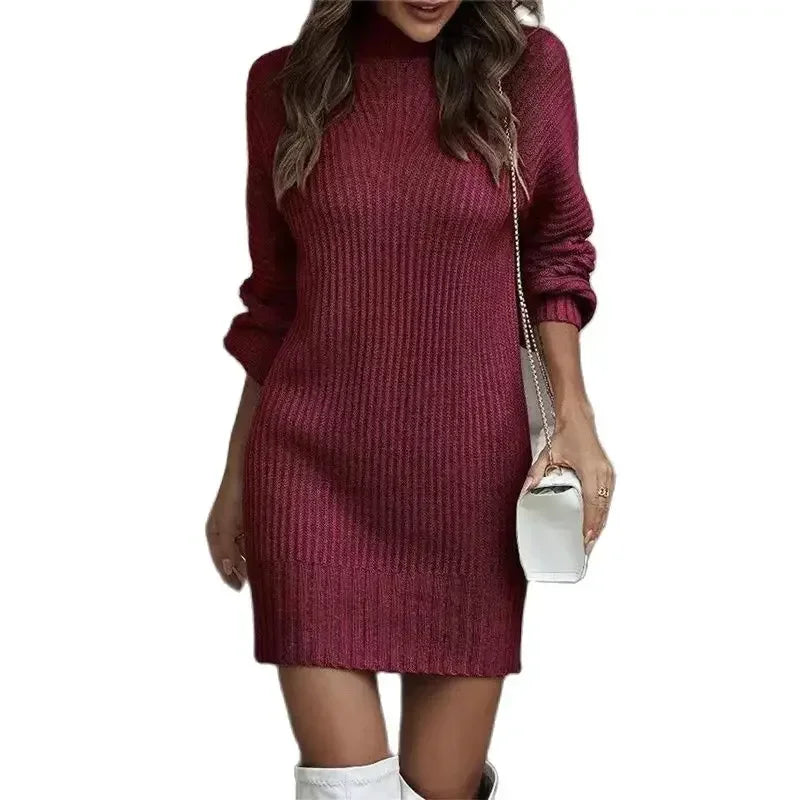 Women Solid Color Pit-Stripe Turtleneck Sweater Dresses Autumn Winter Long Sleeve Knitted Short Dress Female Elegant Casual Gown