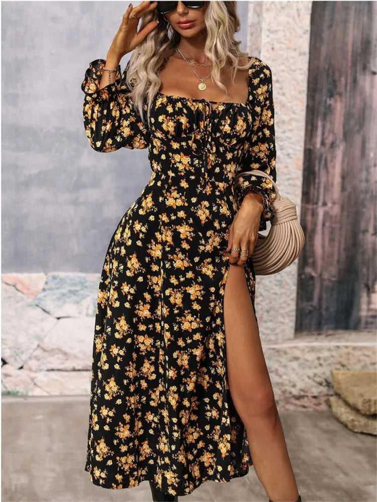 Fashion Printed Full Sleeve Backless Bohemian Dress Women'S Spring Summer Long Dresses