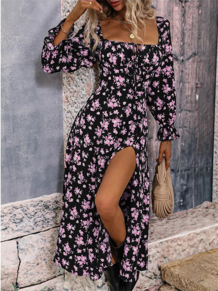 Fashion Printed Full Sleeve Backless Bohemian Dress Women'S Spring Summer Long Dresses