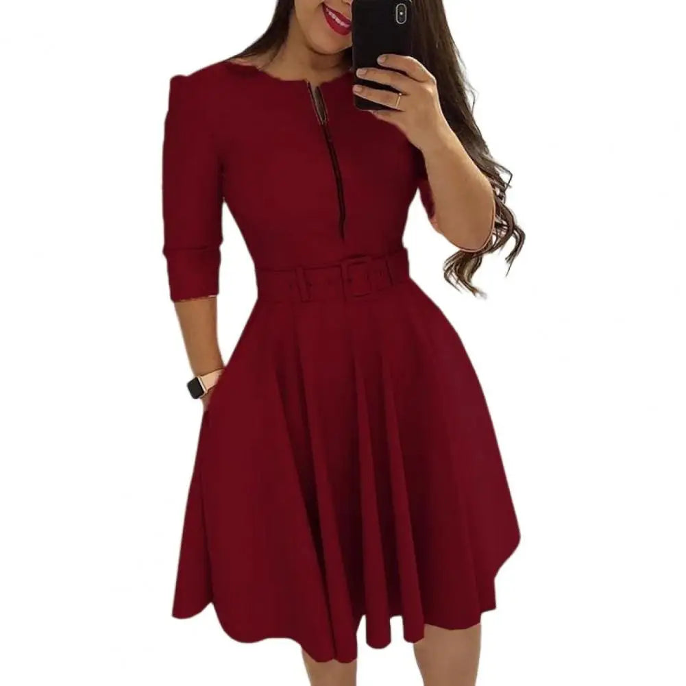 Women Spring Dress Three Quarter Sleeves with Belt Tight Waist A-Line Dress-Up Knee Length Zipper Lady Fall Dress Female Clothes