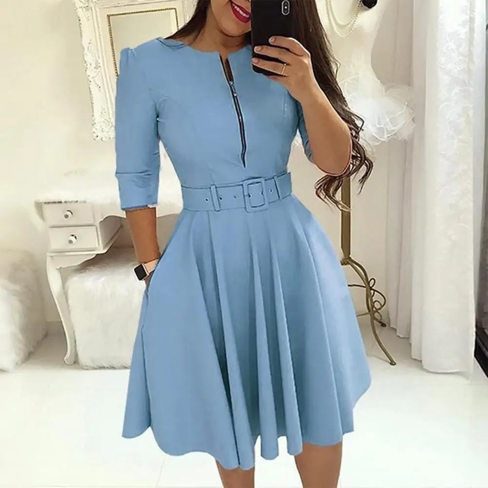 Women Spring Dress Three Quarter Sleeves with Belt Tight Waist A-Line Dress-Up Knee Length Zipper Lady Fall Dress Female Clothes