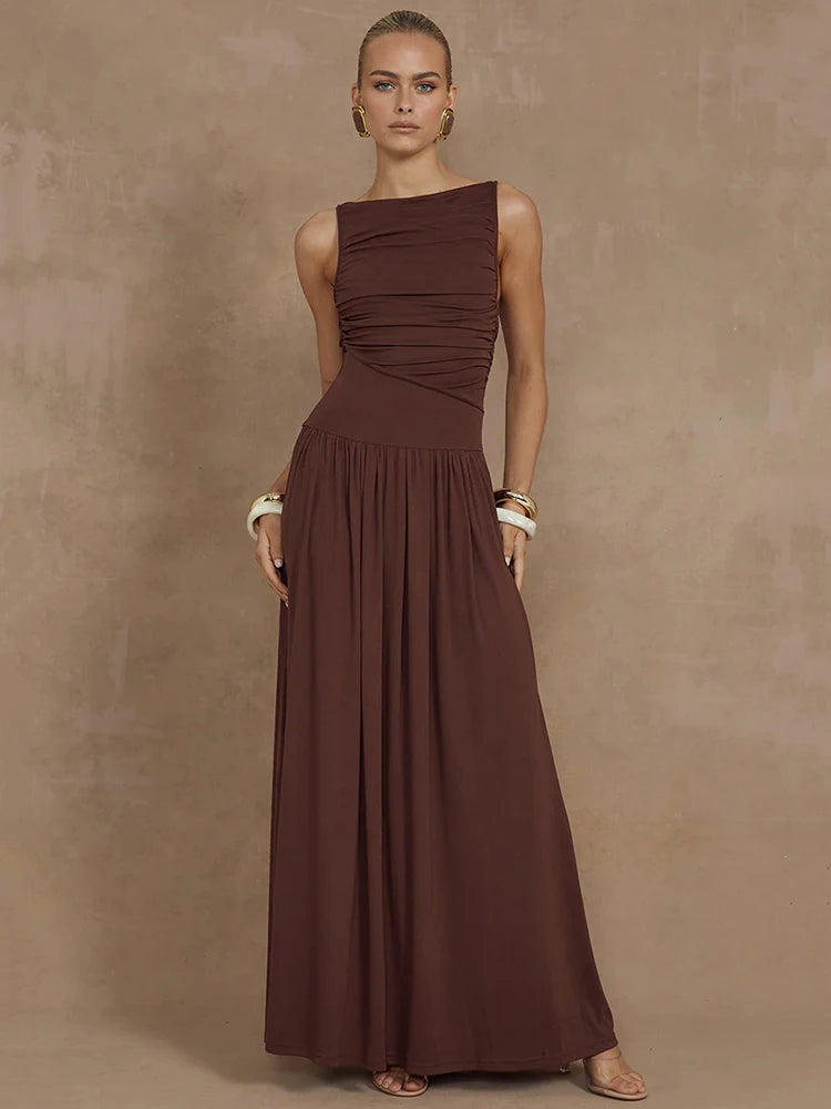 Elegant Sleeveless Maxi Dress for Women Fashion Solid Boat Neck Tank Dresses Ladies Sexy Ruched Long Dress New Gown