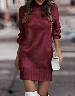 Women Solid Color Pit-Stripe Turtleneck Sweater Dresses Autumn Winter Long Sleeve Knitted Short Dress Female Elegant Casual Gown