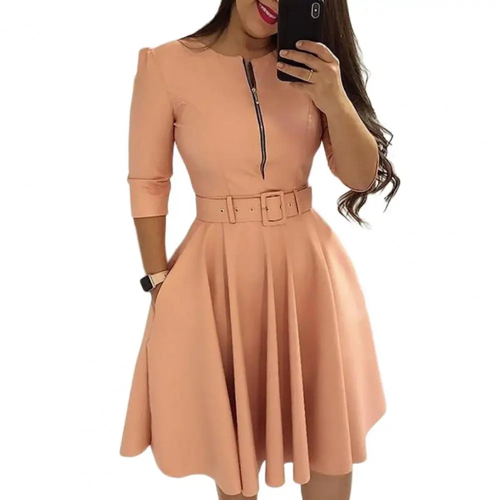 Women Spring Dress Three Quarter Sleeves with Belt Tight Waist A-Line Dress-Up Knee Length Zipper Lady Fall Dress Female Clothes